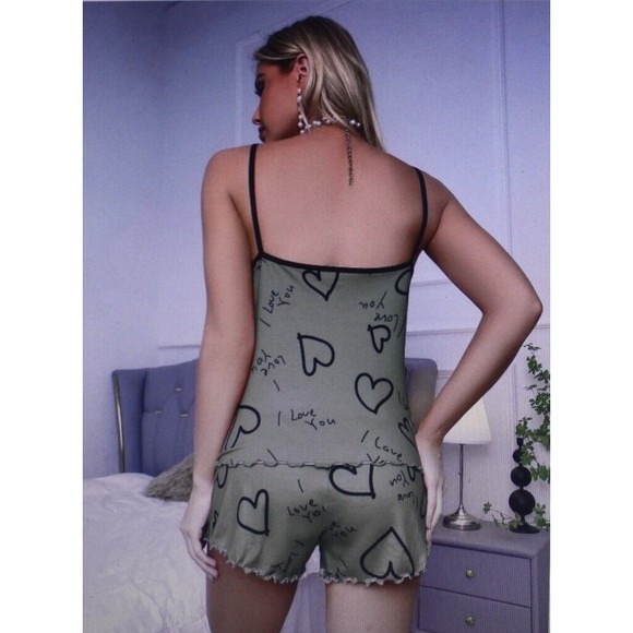 Womens Letter Print Cami Pajama Set with Wave Trim Lounge Shorts SZ 12 NWT - Picture 2 of 5